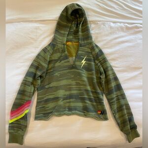 Aviator Nation Green Camouflage Hoodie with Yellow Lightning Bolt